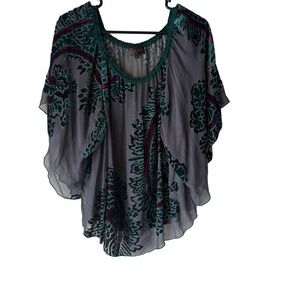 Hale Bob Velvet Burnout Floral Print Flowy Blouse Top Purple Green XS Whimsigoth